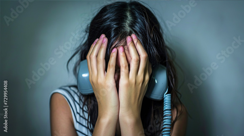 A young woman is crying with a phone receiver. A scammer is calling her photo