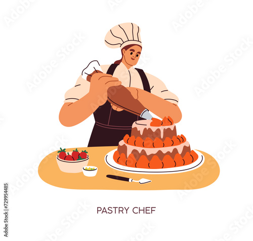 Pastry chef, confectioner cooking cake. Baker decorating dessert with cream from confectionery bag. Kitchen worker preparing, making sweet food. Flat vector illustration isolated on white background