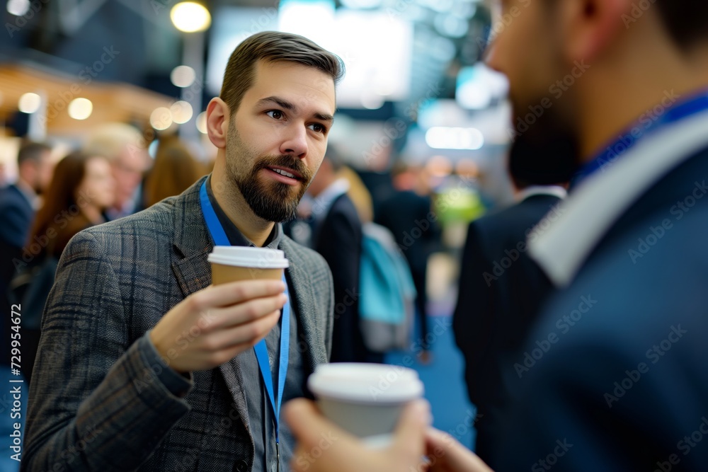professional nodding during conversation, holding coffee, expo hall professional nodding during conversation, holding coffee, expo hall