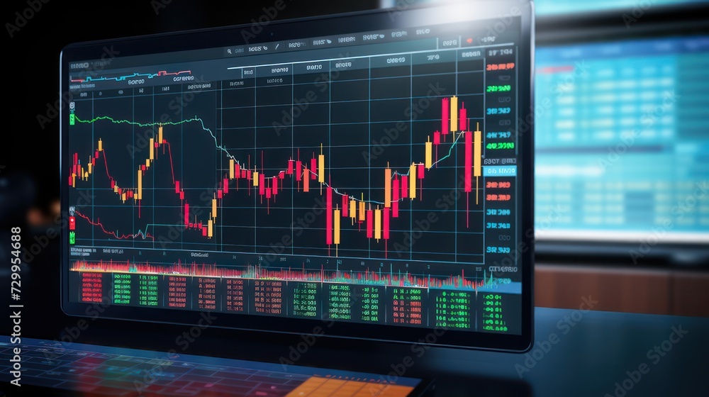 Illustration of a trading diagram candlestick report on a hologram monitor screen, financial technology wallpaper background. Illustration of a trading diagram candlestick report on a hologram monitor screen, financial technology wallpaper background.