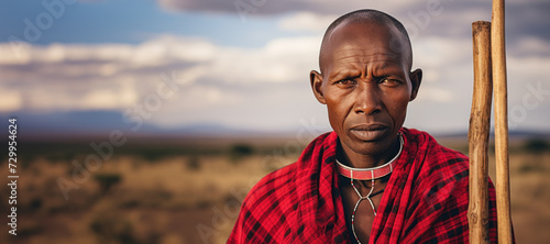 Solemn Masai man with staff in the African savanna photo