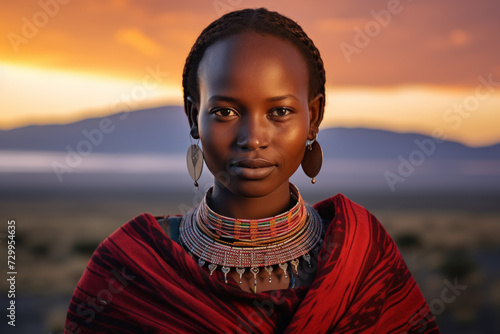 Portrait of Masai woman with sunset over African plains