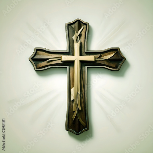 Christian wooden cross with palm tree leaves background  photo