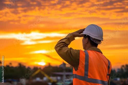 pensive worker looking at site progress with sunset beyond © studioworkstock