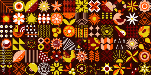 A large set of 72 icons related to spring abstract geometric conceptual patterns. Plants of a simple shape in the old style of Ukrainian embroidery. Scandinavian style. Mosaic style. Black background