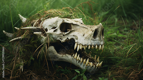 Decaying animal skull gnawed by grass-covered