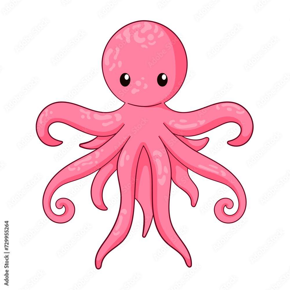 Pink octopus cartoon character in flat, line art style. Aquatic undersea animal. Underwater animal design for zoo, children book. Vector illustration isolated on a white background. Pink octopus cartoon character in flat, line art style. Aquatic undersea animal. Underwater animal design for zoo, children book. Vector illustration isolated on a white background.