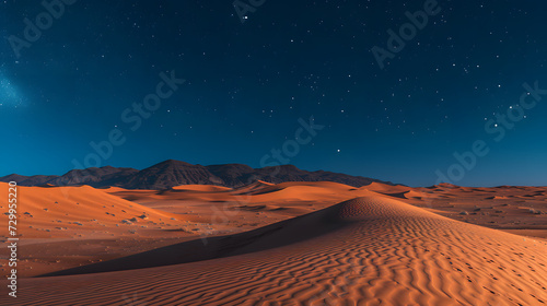 A quiet desert  with rolling sand dunes as the background  during a tranquil moonlit night