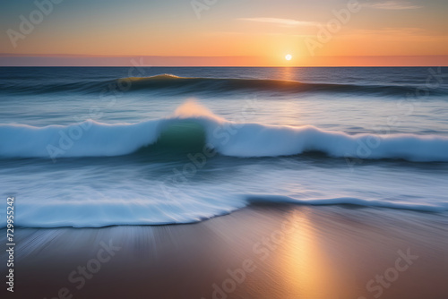 Tranquil Soft Wave Sunset Overlooking The Sparkling Ocean With Sandy Beach and Palm Trees