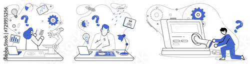Business modeling vector illustration. Development is seedling growing into mighty oak in forest strategic business modeling A well-designed business model is potion brewing in cauldron organizational