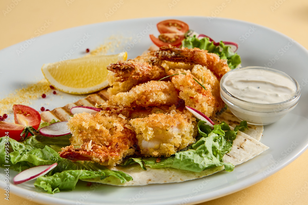 Tempura shrimp with tartar sauce on a bed of lettuce, presented on a white plate with lemon and tomato accents, against a soft yellow backdrop