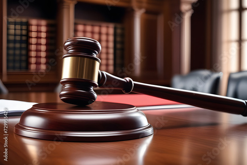 Judges Gavel Resting on Wooden Table in a Courtroom with Blurred Background and Brown Wall