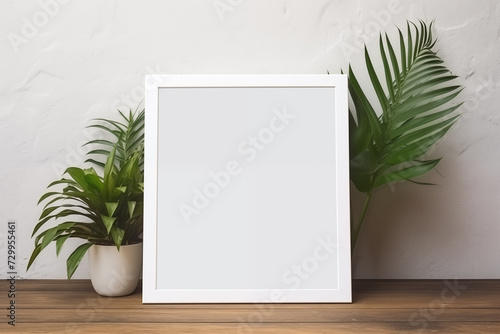 Blank frame mockup standing on wooden floor near tropical plants