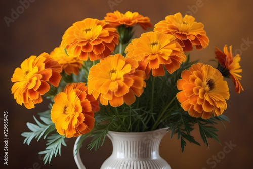 Vibrant Orange Marigold Flowers in a Ceramic Vase on a Solid Brown Background © D