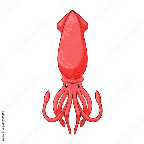 Undersea squid logo in cartoon, line art style. Flat underwater animal character, aquatic fauna creature. Vector illustration isolated on a white background.
