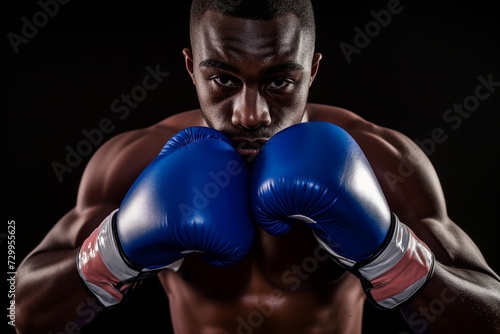 boxer tightening blue gloves, eyes focused forward