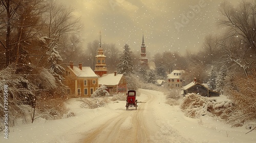 Vintage Winter Postcard - Warm Sepia Tones, Subtle Reds, Snowy Town Square, and a Soft Focus for Timeless Nostalgia. Made with Generative AI Technology