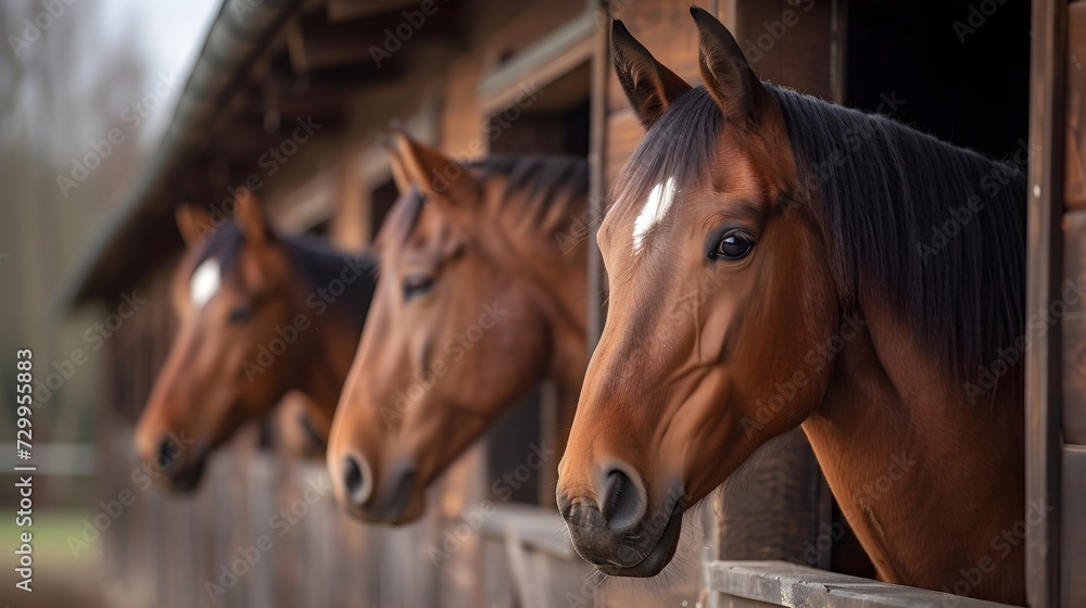 strong horses in a stable on a farm. farm environment, nature and farm animals strong horses in a stable on a farm. farm environment, nature and farm animals