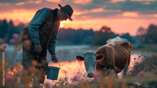 a farmer getting milk from a cow in the morning. farm environment, farm animals and dairy industry photo