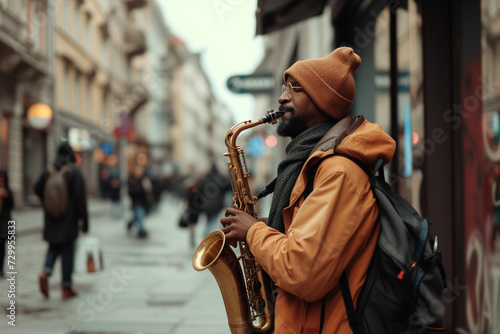 Urban Soul: Street Musician Playing Saxophone on a Cobblestone Street, Melodic Jazz Vibes in the Heart of the City, Cold Season Street Performance, Cultural Soundscape in Everyday Life