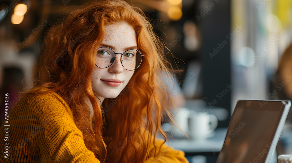 Portrait of a redhaired girl in glasses with a laptop in a cafe