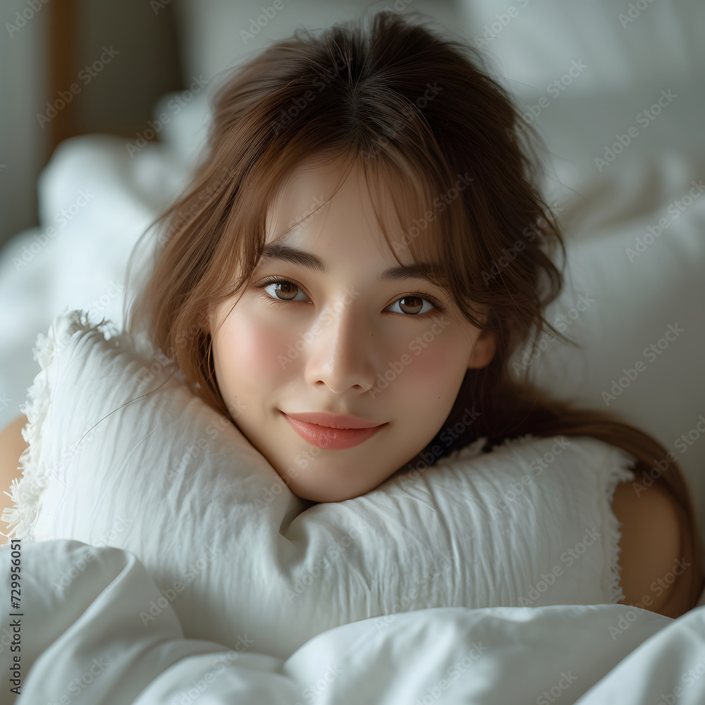 睡眠の画像。日本人女性がベッドからコチラを見ておやすみと言っている 睡眠の画像。日本人女性がベッドからコチラを見ておやすみと言っている
