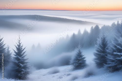 Snow-covered trees and distant mountain in winter landscape with heavy fog © D