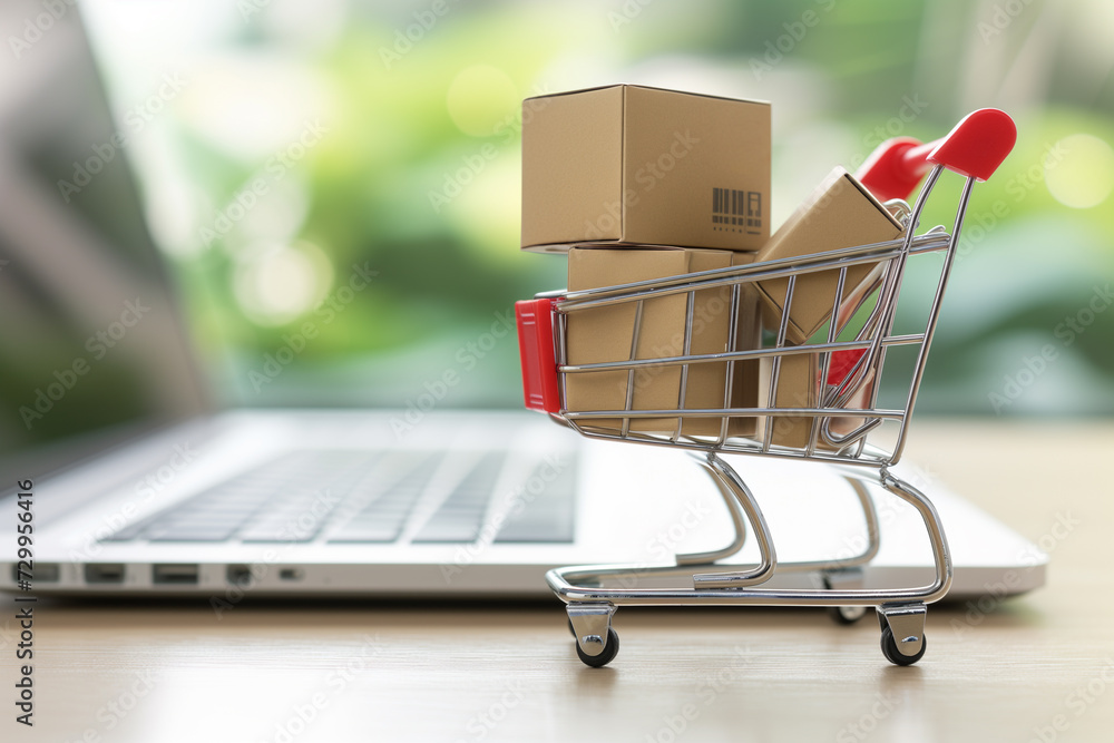 Online shopping and delivery service concept. Paper packaging boxes in a shopping cart with laptop keyboard on wood table. Online shopping and delivery service concept. Paper packaging boxes in a shopping cart with laptop keyboard on wood table.