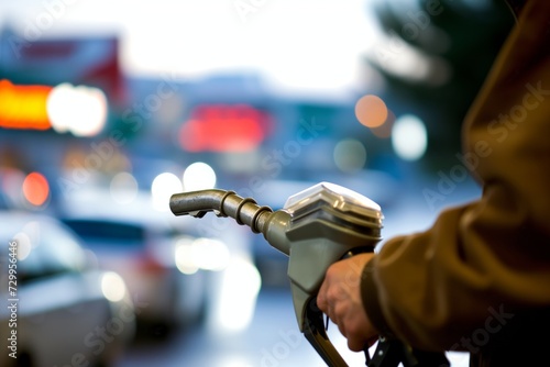 man holding fuel nozzle with a blur of cars at the adjacent pump
