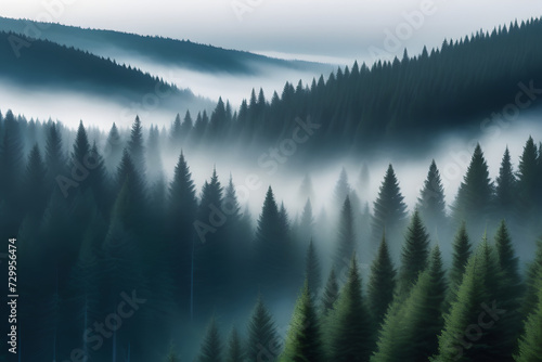 Misty Forest Landscape with Tall Pine Trees in the Morning Sunlight