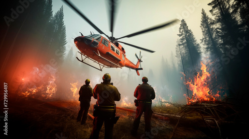 grupo de bomberos en un incendio forestal recibiendo ayuda de un helicóptero