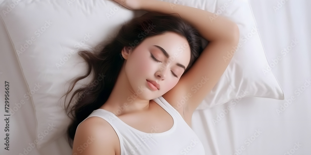睡眠の画像。女性がベッドで気持ちよさそうにすやすや眠っている 睡眠の画像。女性がベッドで気持ちよさそうにすやすや眠っている