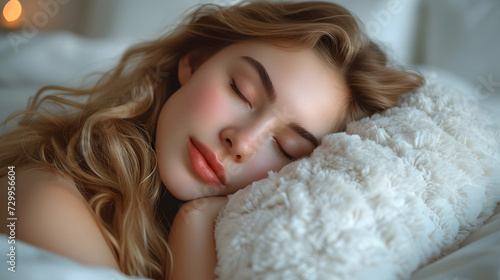 睡眠の画像。女性がベッドで気持ちよさそうにすやすや眠っている
