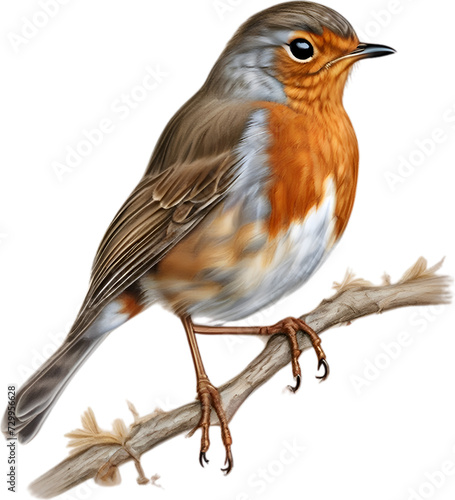 Robin bird, Close-up colored-pencil sketch of European Robin, Erithacus rubecula. photo