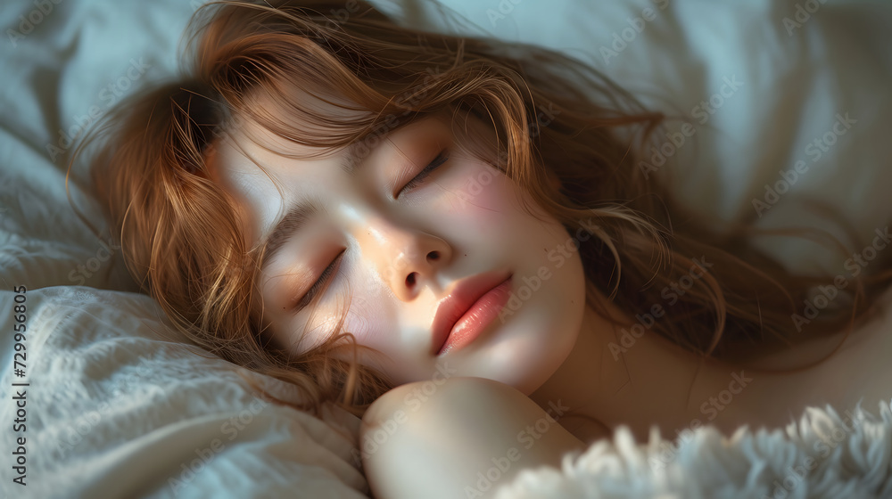睡眠の画像。女性がベッドで気持ちよさそうにすやすや眠っている 睡眠の画像。女性がベッドで気持ちよさそうにすやすや眠っている