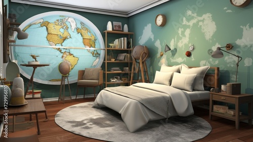 A gender-neutral kids' bedroom with a science and exploration theme, featuring maps, globes, and a telescope for young adventurers