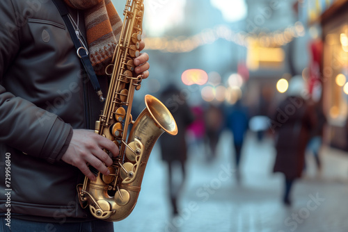 Street Musician's Passion: Close-Up of Hands Playing a Golden Saxophone, Live Jazz in the City Vibe, Urban Culture and Music, Melodies Echoing Through Busy Streets, Winter Music Scene