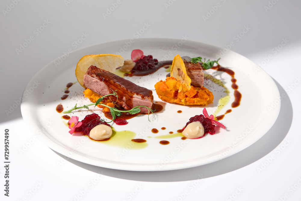 Elegantly plated duck fillet with onion marmalade and pumpkin puree on a white background, highlighted by a natural light shadow Elegantly plated duck fillet with onion marmalade and pumpkin puree on a white background, highlighted by a natural light shadow