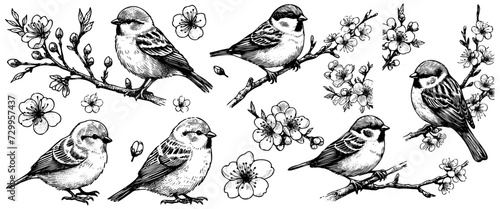 Set of of birds and flowers, line drawings, ink drawing, hand drawn illustration, Vector photo