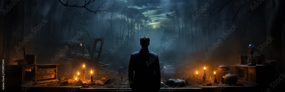 Obraz premium Mysterious scene with a man looking at an abandoned camp in the forest, with lights and a mystical light through the fog. Concept: book covers, survival in extreme conditions, filmmaking of mystical
