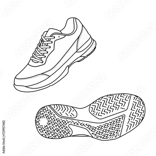 Template vector tennis shoes. Outline vector doodle illustration, side, and bottom view, isolated with a white background.