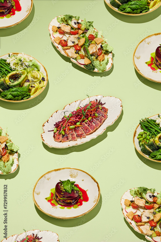 Assorted Healthy Menu Dishes on Artistic Plates, Side View. Perfect for Food Blogs and Culinary Guides