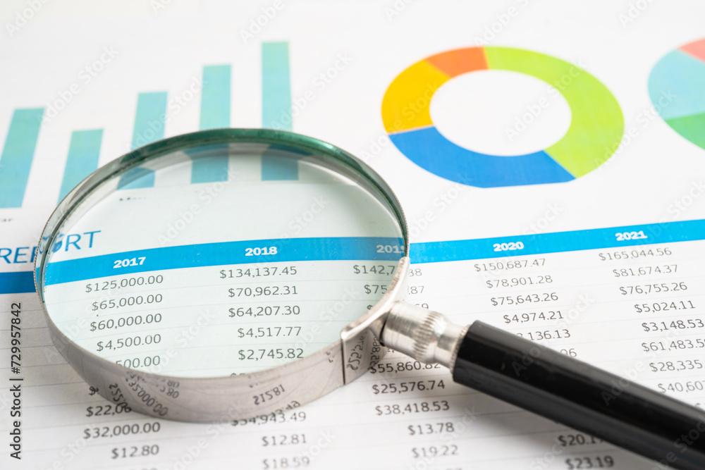 Magnifying glass on spreadsheet and graph paper. Financial development, Banking Account, Statistic, Investment Analytic research data economy, Business. Magnifying glass on spreadsheet and graph paper. Financial development, Banking Account, Statistic, Investment Analytic research data economy, Business.