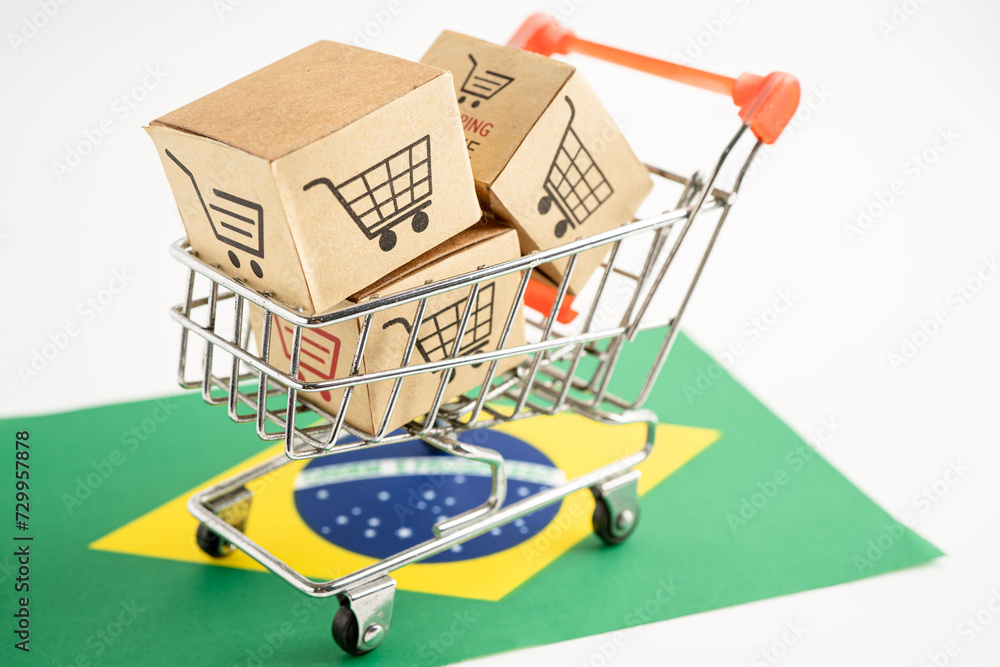 Box with shopping online cart logo and Brazil flag, Import Export Shopping online or commerce finance delivery service store product shipping, trade, supplier.