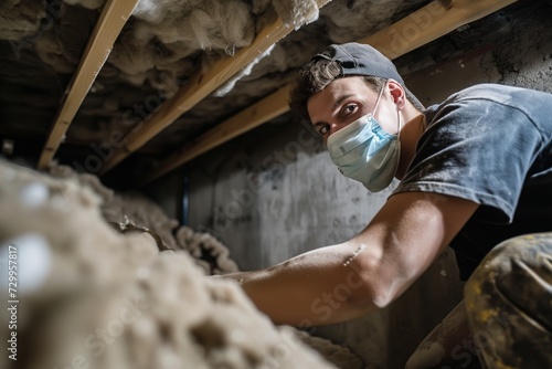 worker wearing a mask while installing rock wool insulation in basement photo