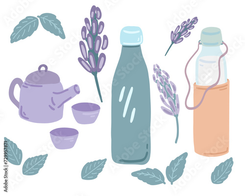 Yaga meditation tea water bottle flat design set
