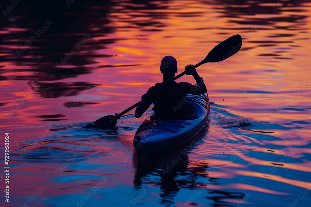 silhouette of a kayaker at sunset, water reflecting colors
