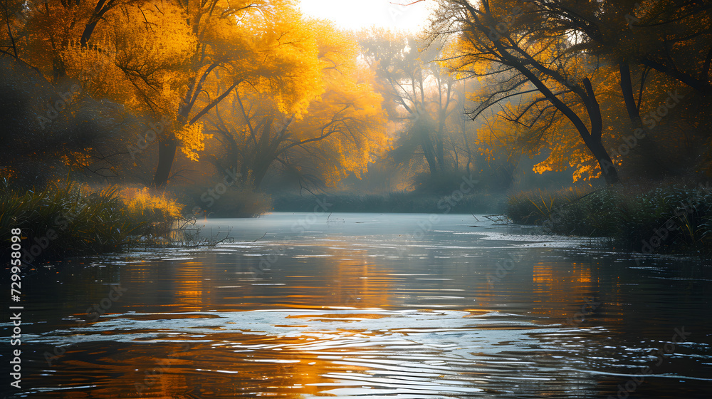 A calming river, with the gentle flow of water and overhanging trees as the background, during a serene afternoon