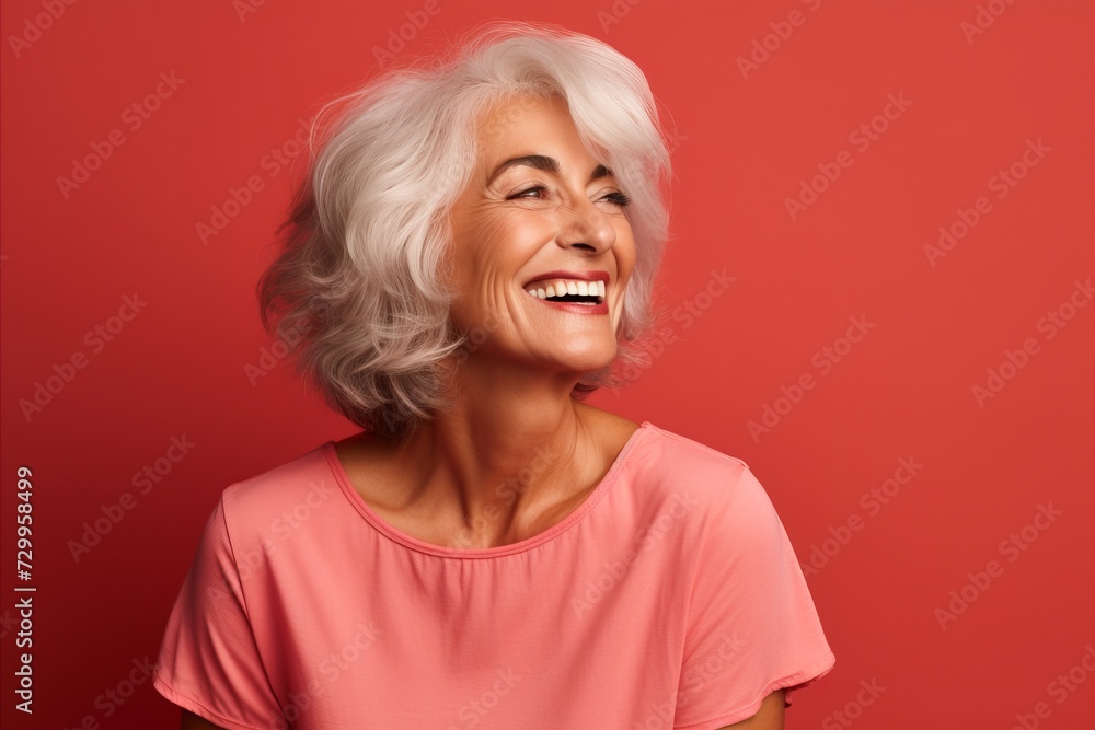 Portrait of a happy senior woman with white hair, isolated on red background Portrait of a happy senior woman with white hair, isolated on red background