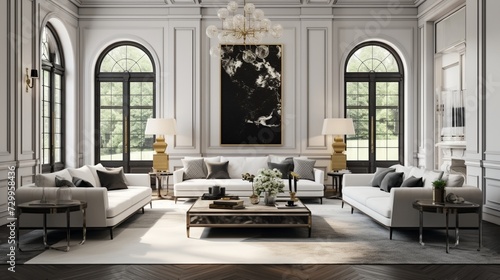 A grand luxury living room showcases a blend of classic and modern design, with architectural details, contemporary art, and ornate furniture © FormFusion